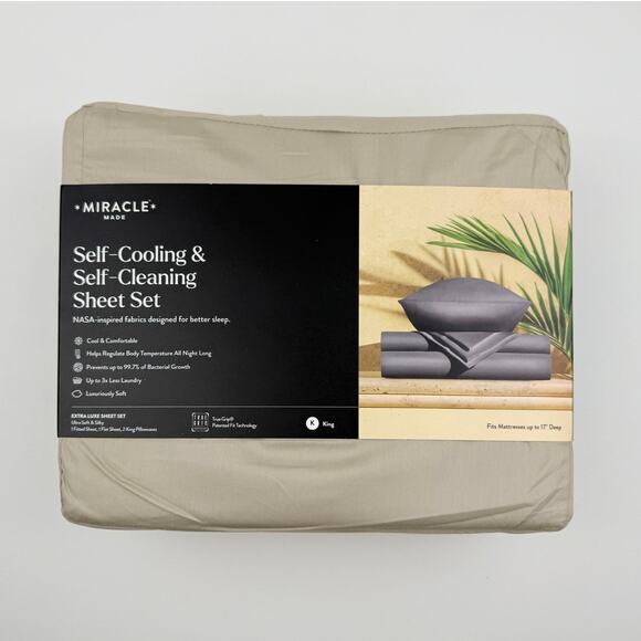 Miracle Made Sheet Set KING Luxe Self-Cooling Self-Cleaning Sateen SAND Tan NWT - Picture 1 of 7